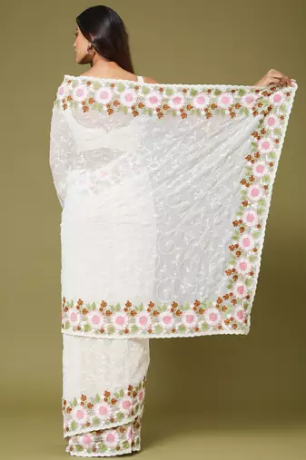 White color beautiful moss chiffon fabric beautiful partywear saree
