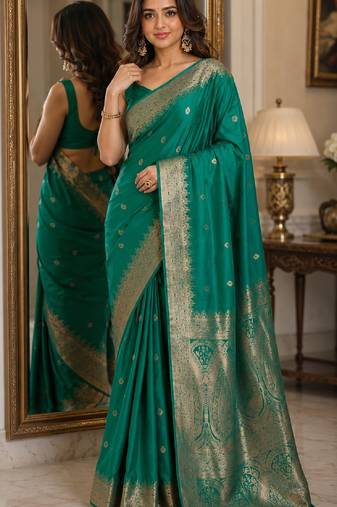 Teal green soft silk blend banarasi jacuard work festive saree with unstitched blouse piece