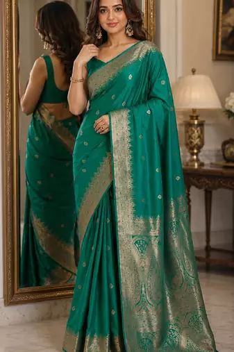 Teal green soft silk blend banarasi jacuard work festive saree with unstitched blouse piece