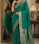 Teal green soft silk blend banarasi jacuard work festive saree with unstitched blouse piece