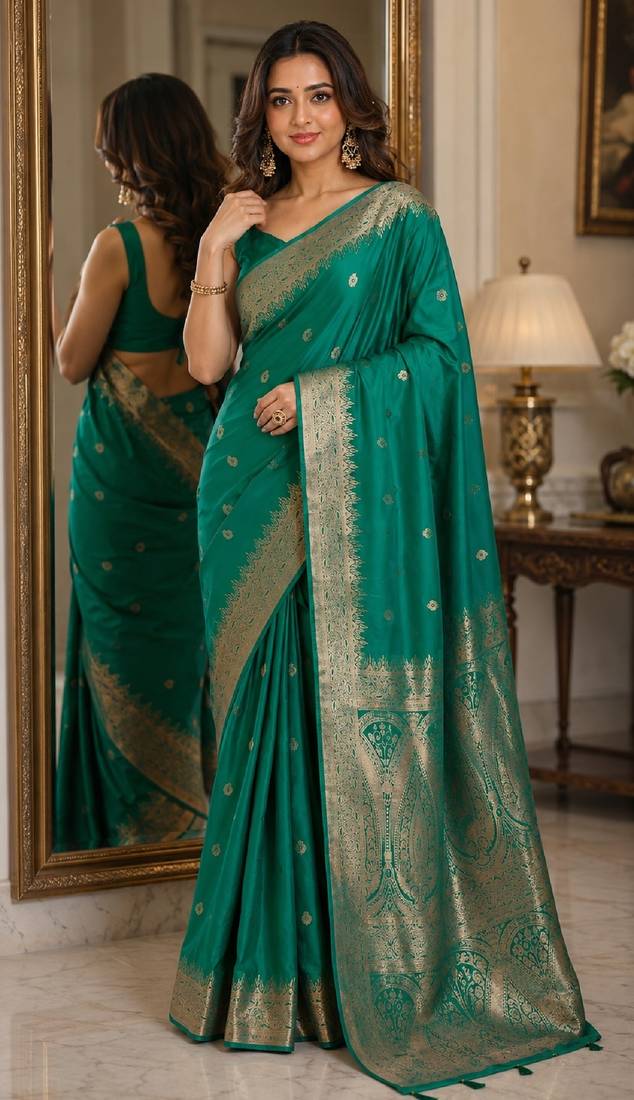 Teal green soft silk blend banarasi jacuard work festive saree with unstitched blouse piece