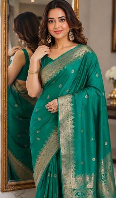 Teal green soft silk blend banarasi jacuard work festive saree with unstitched blouse piece 2