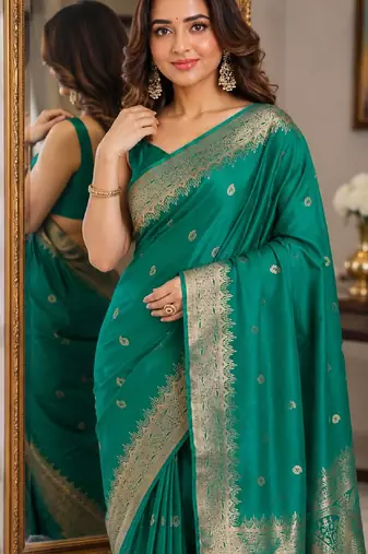 Teal green soft silk blend banarasi jacuard work festive saree with unstitched blouse piece
