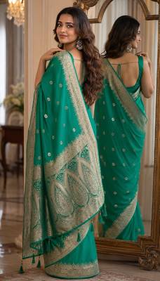 Teal green soft silk blend banarasi jacuard work festive saree with unstitched blouse piece 3