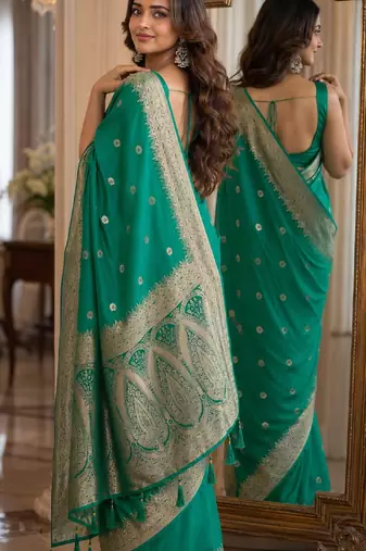 Teal green soft silk blend banarasi jacuard work festive saree with unstitched blouse piece