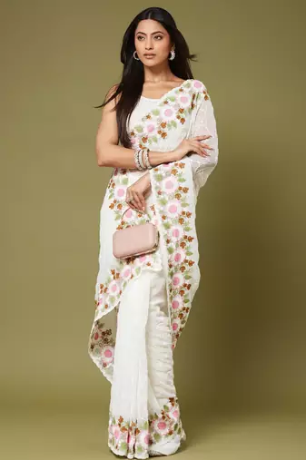 White color beautiful moss chiffon fabric beautiful partywear saree