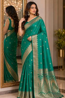 Teal green soft silk blend banarasi jacuard work festive saree with unstitched blouse piece 4