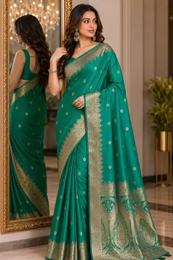 Teal green soft silk blend banarasi jacuard work festive saree with unstitched blouse piece