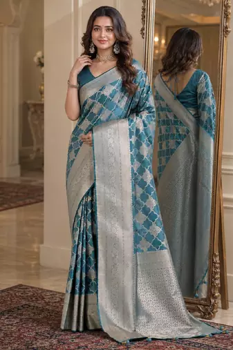 Wine soft silk blend banarasi jacuard work festive saree with unstitched blouse piece