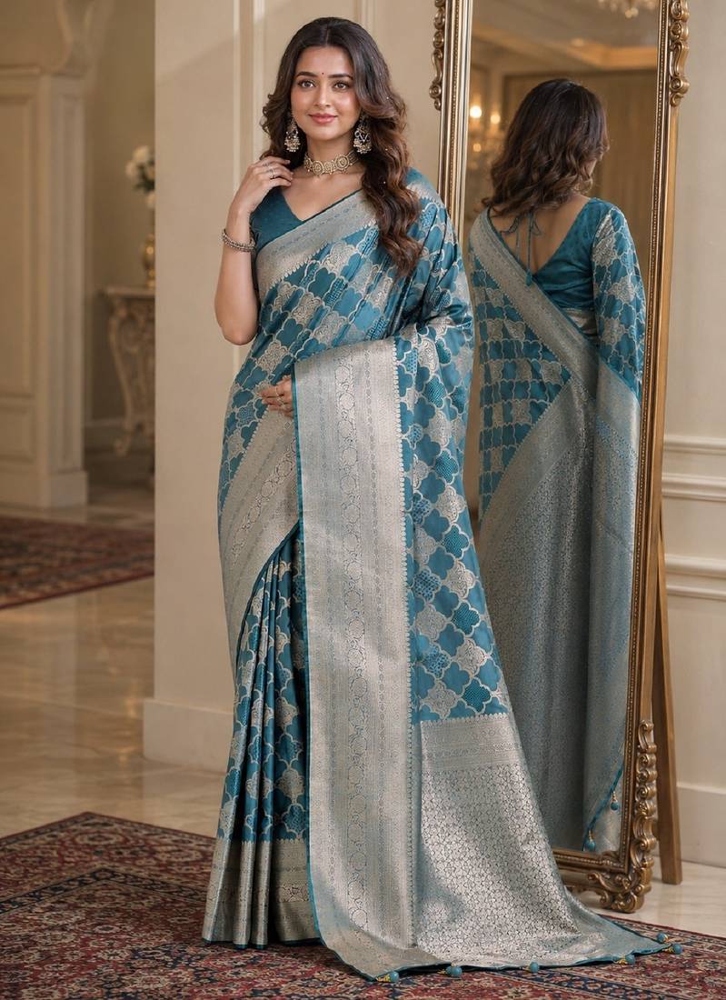 Wine soft silk blend banarasi jacuard work festive saree with unstitched blouse piece