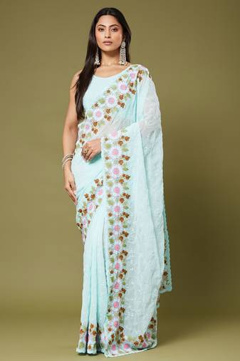 Sea green color beautiful moss chiffon fabric beautiful partywear saree
