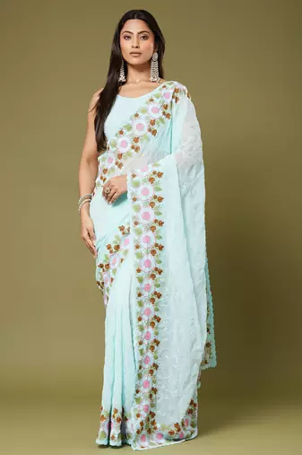 Sea green color beautiful moss chiffon fabric beautiful partywear saree