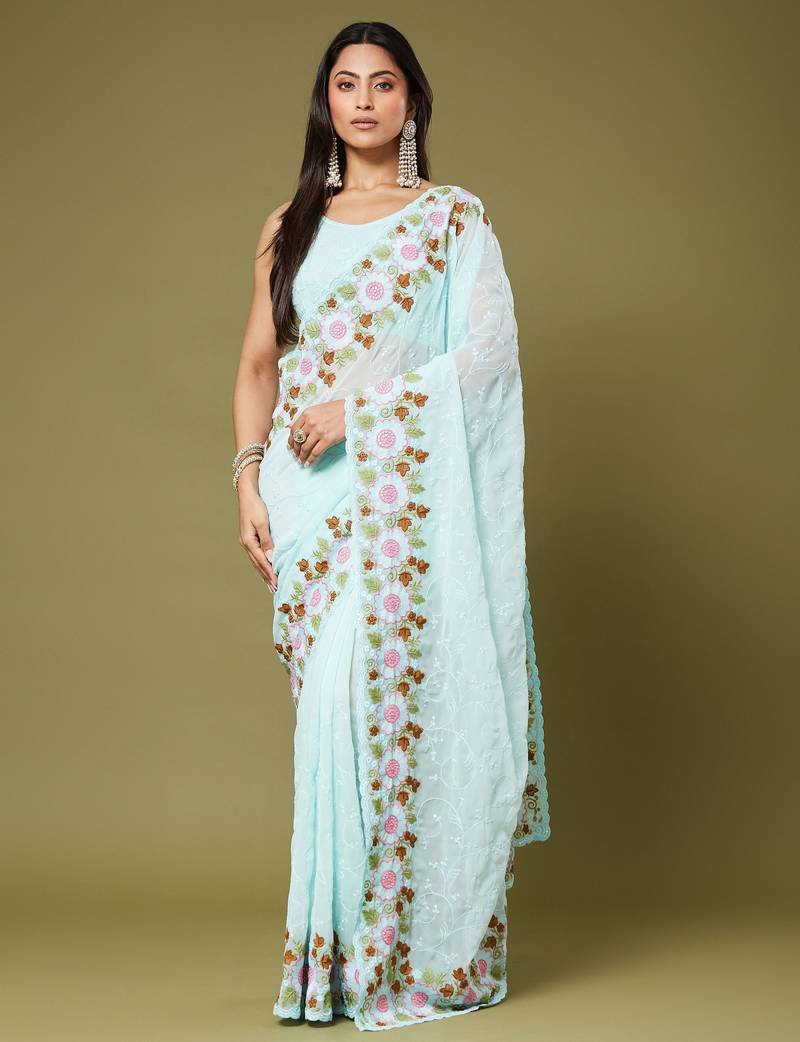 Sea green color beautiful moss chiffon fabric beautiful partywear saree