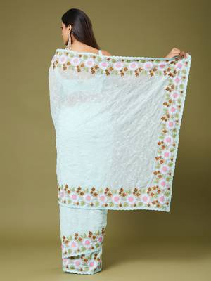 Sea green color beautiful moss chiffon fabric beautiful partywear saree 2