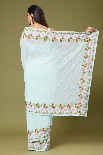 Sea green color beautiful moss chiffon fabric beautiful partywear saree
