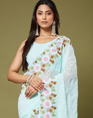 Sea green color beautiful moss chiffon fabric beautiful partywear saree 3