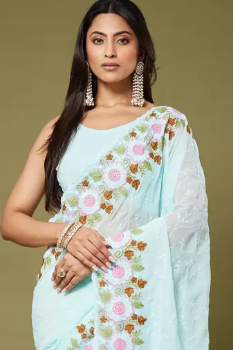Sea green color beautiful moss chiffon fabric beautiful partywear saree