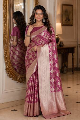 Onion soft silk blend banarasi jacuard work festive saree with unstitched blouse piece