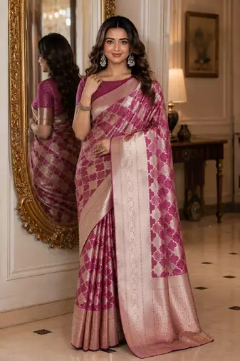 Onion soft silk blend banarasi jacuard work festive saree with unstitched blouse piece