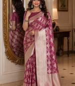 Onion soft silk blend banarasi jacuard work festive saree with unstitched blouse piece