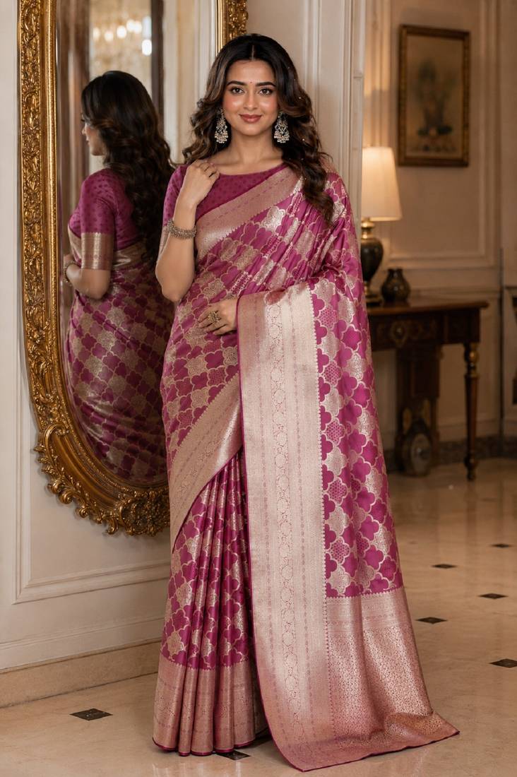 Onion soft silk blend banarasi jacuard work festive saree with unstitched blouse piece