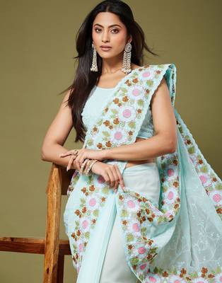 Sea green color beautiful moss chiffon fabric beautiful partywear saree 4