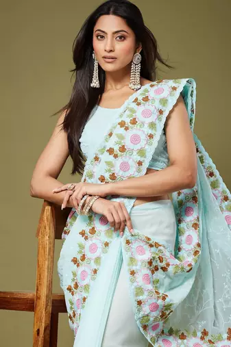 Sea green color beautiful moss chiffon fabric beautiful partywear saree