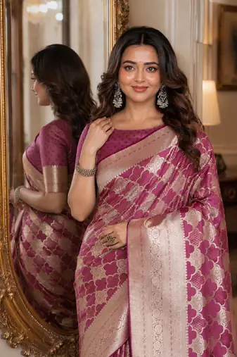 Onion soft silk blend banarasi jacuard work festive saree with unstitched blouse piece