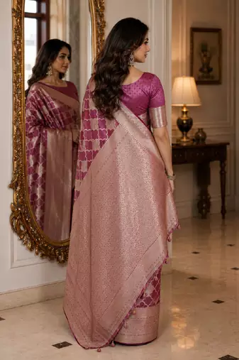 Onion soft silk blend banarasi jacuard work festive saree with unstitched blouse piece