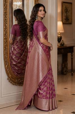 Onion soft silk blend banarasi jacuard work festive saree with unstitched blouse piece 4