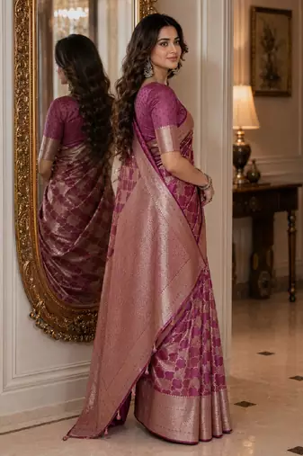 Onion soft silk blend banarasi jacuard work festive saree with unstitched blouse piece