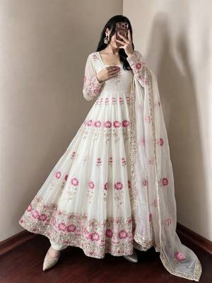 New Designer White Color Anarkali Suit Set With Dupatta Beautiful Gown Suit 1