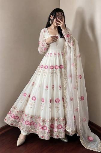 New Designer White Color Anarkali Suit Set With Dupatta Beautiful Gown Suit