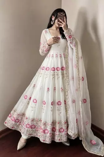 New Designer White Color Anarkali Suit Set With Dupatta Beautiful Gown Suit