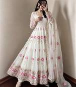 New Designer White Color Anarkali Suit Set With Dupatta Beautiful Gown Suit