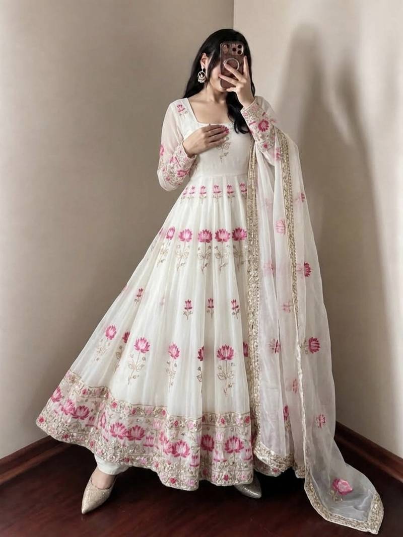 New Designer White Color Anarkali Suit Set With Dupatta Beautiful Gown Suit
