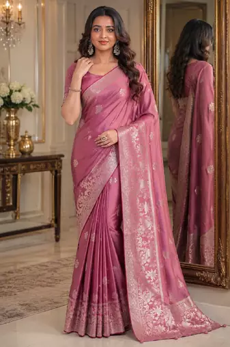 Onion pink soft silk blend banarasi jacuard work festive saree with unstitched blouse piece