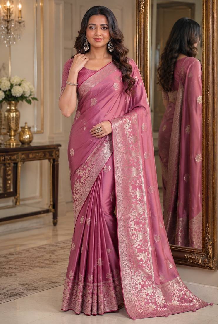 Onion pink soft silk blend banarasi jacuard work festive saree with unstitched blouse piece