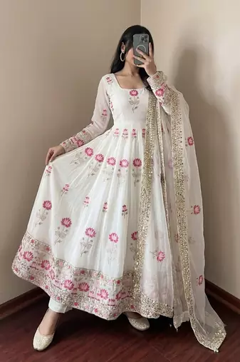 New Designer White Color Anarkali Suit Set With Dupatta Beautiful Gown Suit