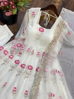 New Designer White Color Anarkali Suit Set With Dupatta Beautiful Gown Suit 4