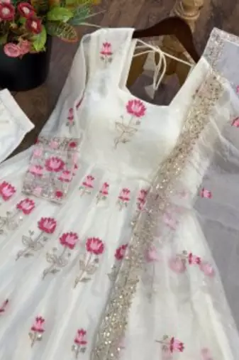 New Designer White Color Anarkali Suit Set With Dupatta Beautiful Gown Suit