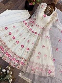 New Designer White Color Anarkali Suit Set With Dupatta Beautiful Gown Suit 5