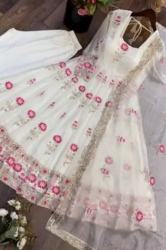 New Designer White Color Anarkali Suit Set With Dupatta Beautiful Gown Suit