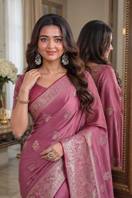 Onion pink soft silk blend banarasi jacuard work festive saree with unstitched blouse piece 2