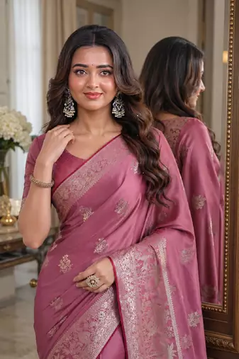 Onion pink soft silk blend banarasi jacuard work festive saree with unstitched blouse piece