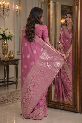 Onion pink soft silk blend banarasi jacuard work festive saree with unstitched blouse piece 3