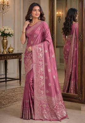 Onion pink soft silk blend banarasi jacuard work festive saree with unstitched blouse piece 4