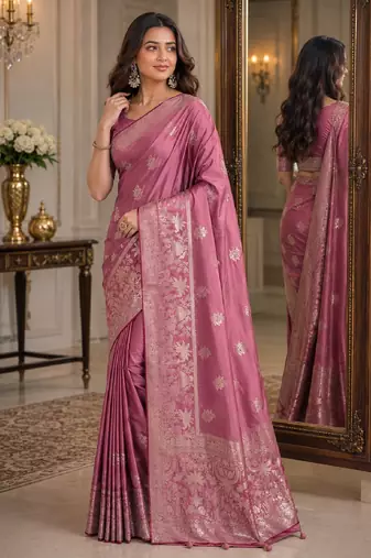Onion pink soft silk blend banarasi jacuard work festive saree with unstitched blouse piece