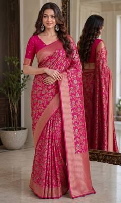 Pink soft silk blend banarasi jacuard work festive saree with unstitched blouse piece 1