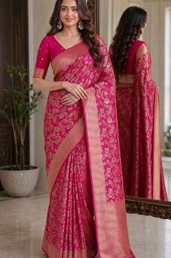 Pink soft silk blend banarasi jacuard work festive saree with unstitched blouse piece